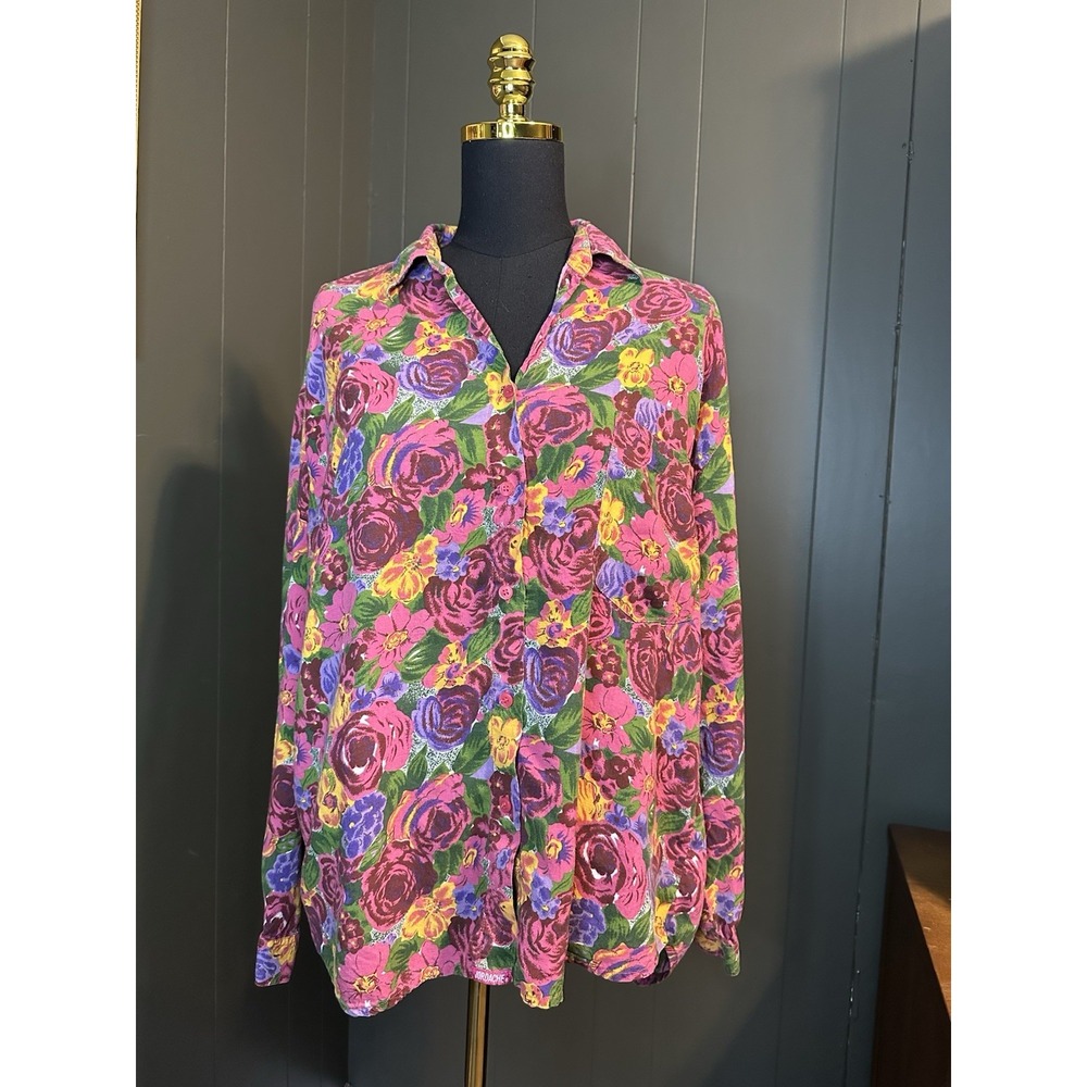 Vintage Jordache Floral Long Sleeve Button Up L Large Pink Purple Yellow